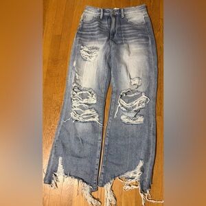 Distressed Wide-Leg Women's Jeans - Light Blue